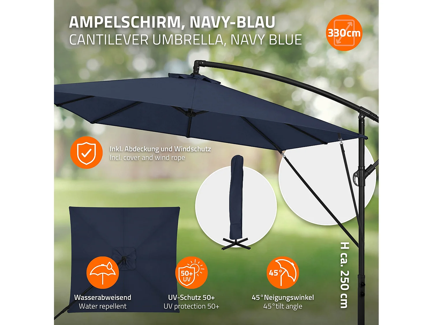 ML-Design Sombrilla de jardín Ø330cm de aluminio azul marino parasol volafiza de terraza con soporte, giratoria 360° e inclinable con manivela