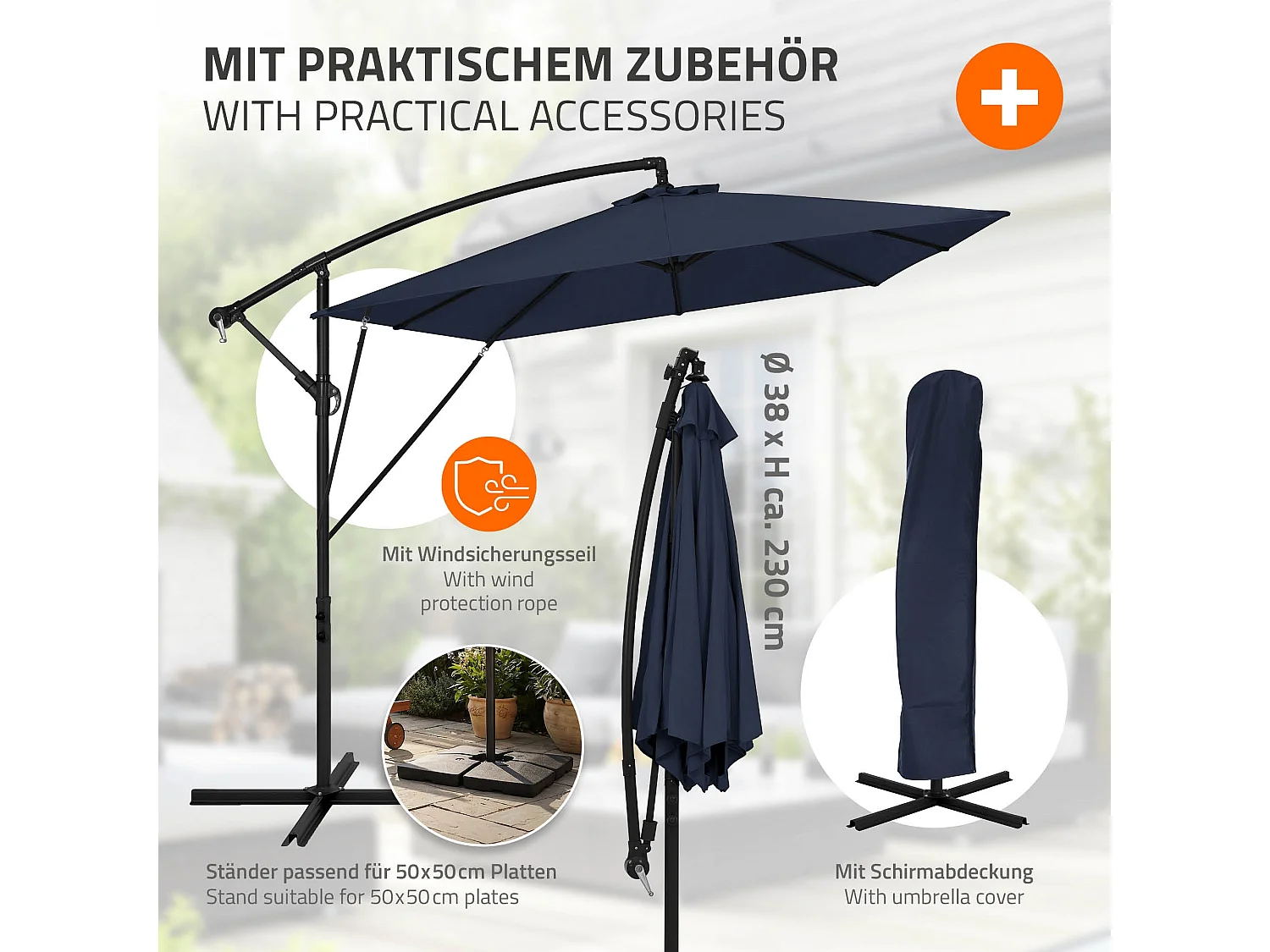 ML-Design Ombrellone Giardino Blu Navy Ø 330 cm in Alluminio con Manovella e Inclinabile Girevole 360° Protezione UV50+ Robusto e Semplice da Montare