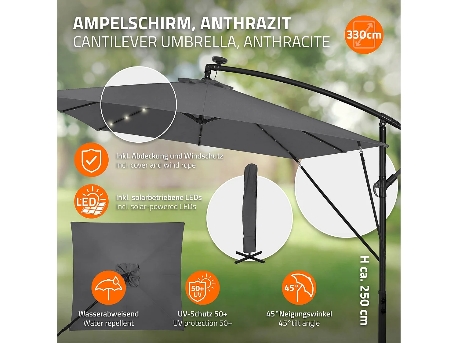 Parasol déporté avec LED solaire Ø 330 cm anthracite en aluminium à manivelle protection UV50+ imperméable meuble jardin inclinable et pivotant 360°