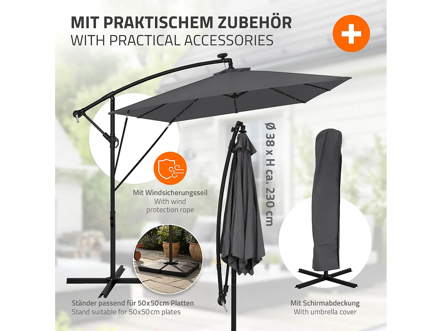Parasol déporté avec LED solaire Ø 330 cm anthracite en aluminium à manivelle protection UV50+ imperméable meuble jardin inclinable et pivotant 360°