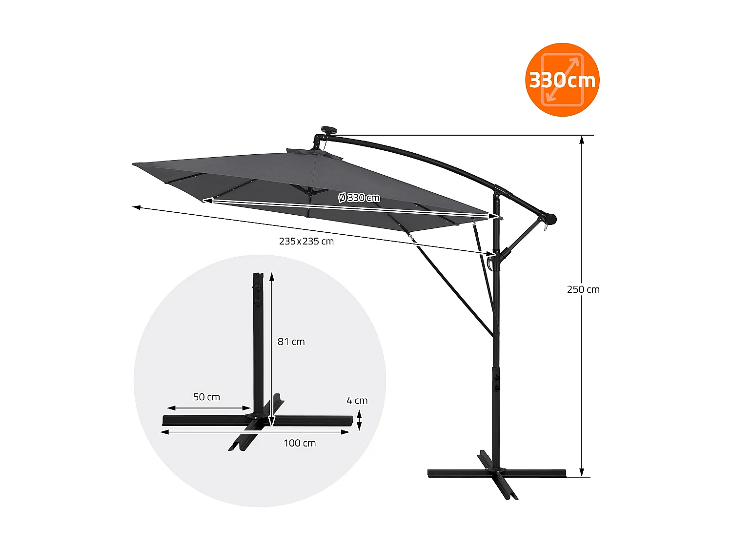 Parasol déporté avec LED solaire Ø 330 cm anthracite en aluminium à manivelle protection UV50+ imperméable meuble jardin inclinable et pivotant 360°