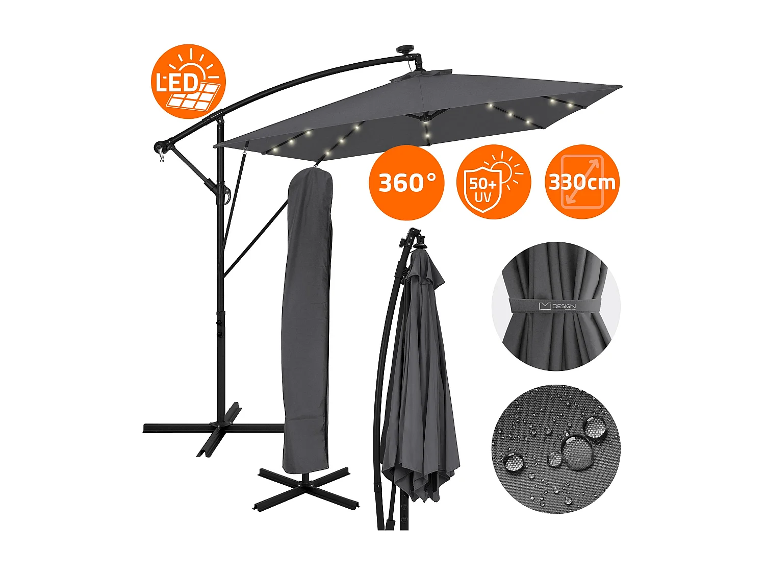 ML-Design Sombrilla de jardín con LED solar Ø330cm de aluminio antracita parasol volafiza de terraza con soporte, giratoria 360° e inclinable