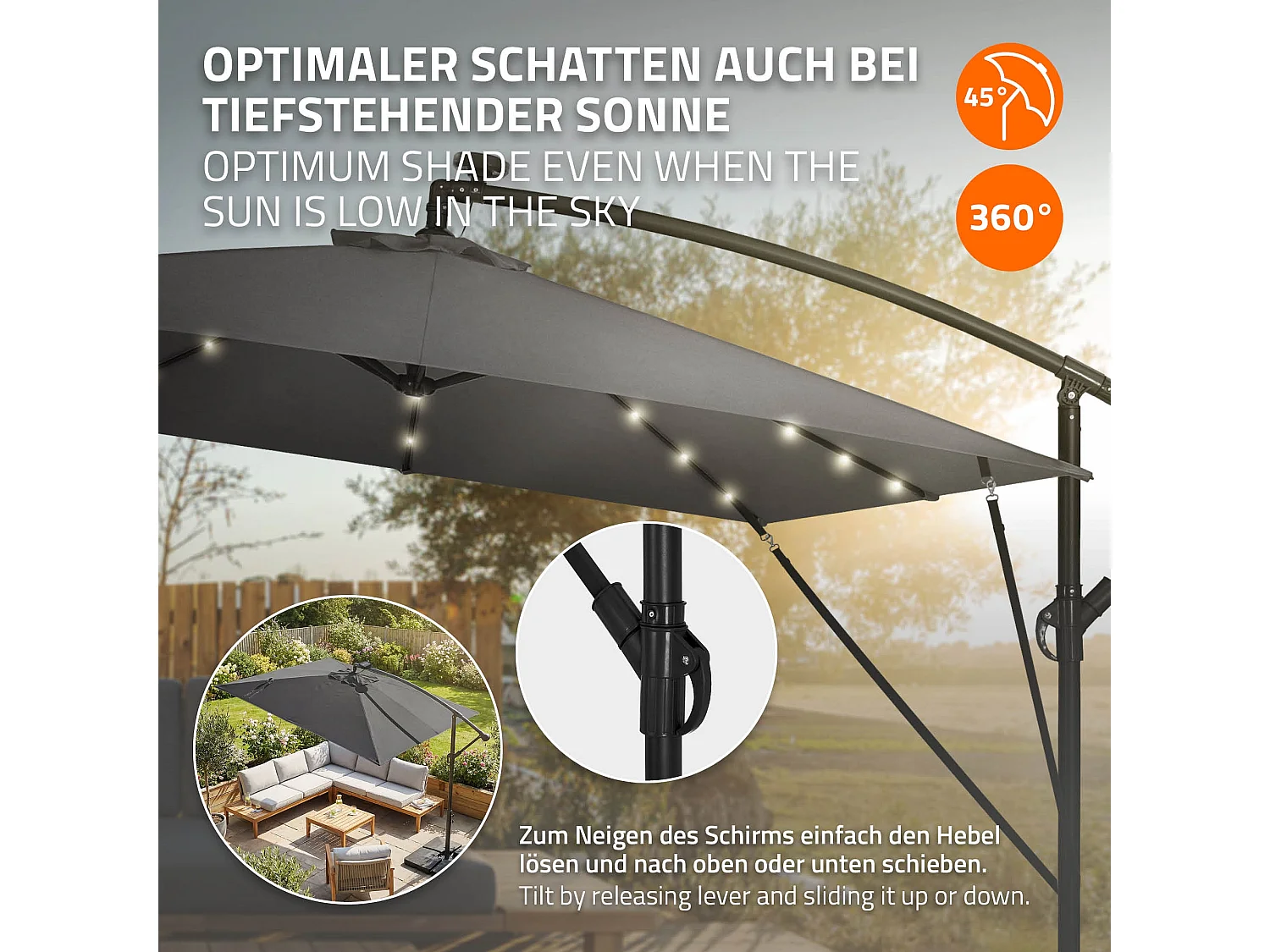 ML-Design Sombrilla de jardín con LED solar Ø330cm de aluminio antracita parasol volafiza de terraza con soporte, giratoria 360° e inclinable