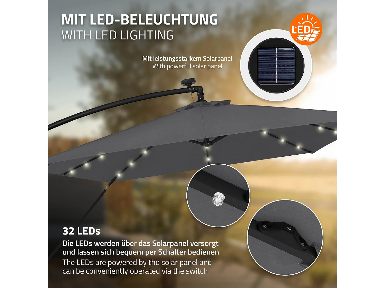 ML-Design Sombrilla de jardín con LED solar Ø330cm de aluminio antracita parasol volafiza de terraza con soporte, giratoria 360° e inclinable