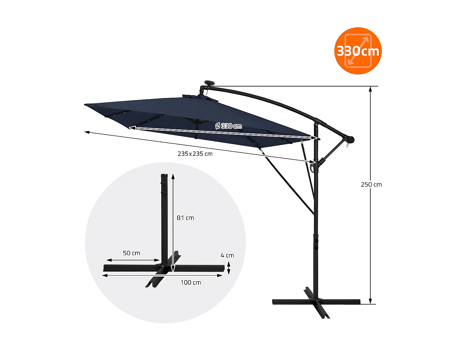 Parasol déporté avec LED solaire Ø 330 cm bleu marine en aluminium à manivelle protection UV50+ imperméable meuble jardin inclinable et pivotant 360°