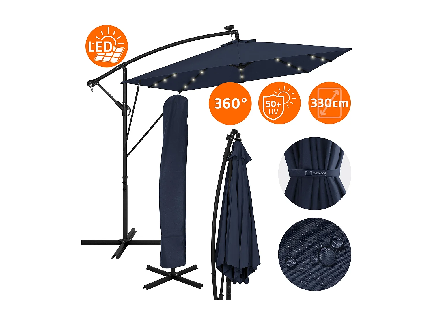 ML-Design Sombrilla de jardín con LED solar Ø330cm de aluminio azul marino parasol volafiza de terraza con soporte, giratoria 360° e inclinable