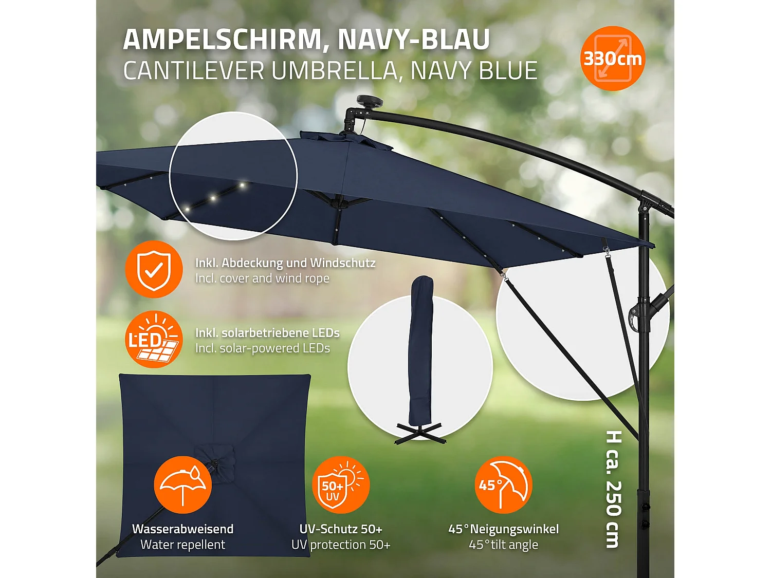 ML-Design Sombrilla de jardín con LED solar Ø330cm de aluminio azul marino parasol volafiza de terraza con soporte, giratoria 360° e inclinable