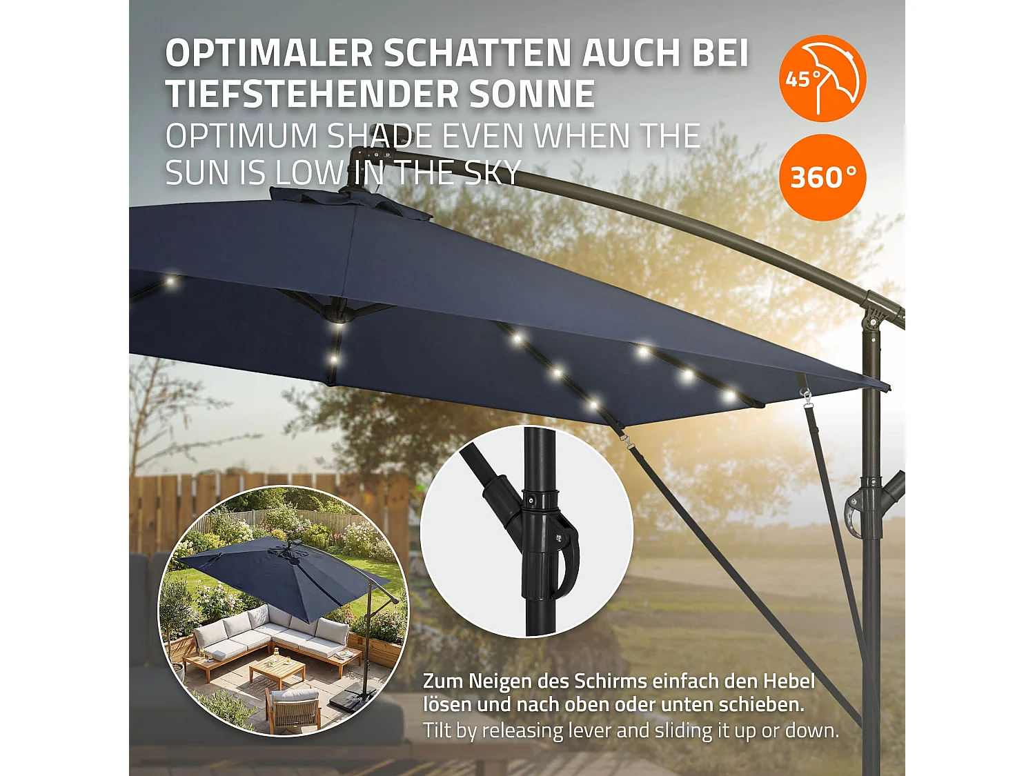 ML-Design Sombrilla de jardín con LED solar Ø330cm de aluminio azul marino parasol volafiza de terraza con soporte, giratoria 360° e inclinable