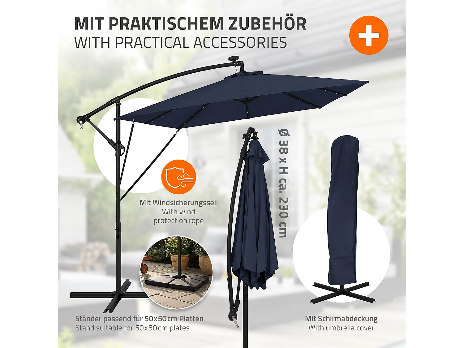 ML-Design Sombrilla de jardín con LED solar Ø330cm de aluminio azul marino parasol volafiza de terraza con soporte, giratoria 360° e inclinable