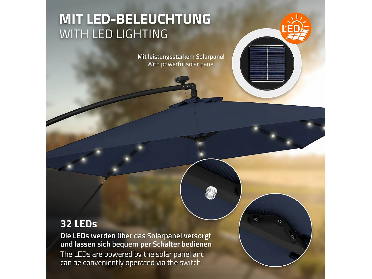 ML-Design Sombrilla de jardín con LED solar Ø330cm de aluminio azul marino parasol volafiza de terraza con soporte, giratoria 360° e inclinable