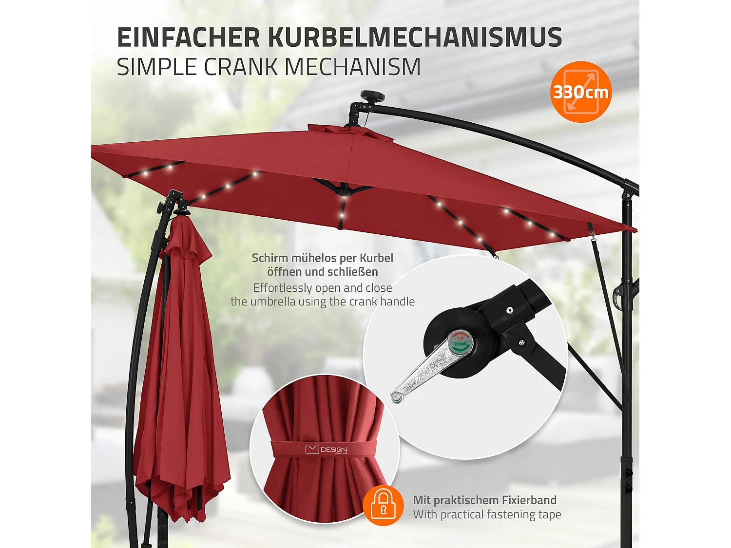Parasol déporté avec LED solaire Ø 330 cm rouge en aluminium à manivelle protection UV50+ imperméable meuble jardin inclinable et pivotant 360°