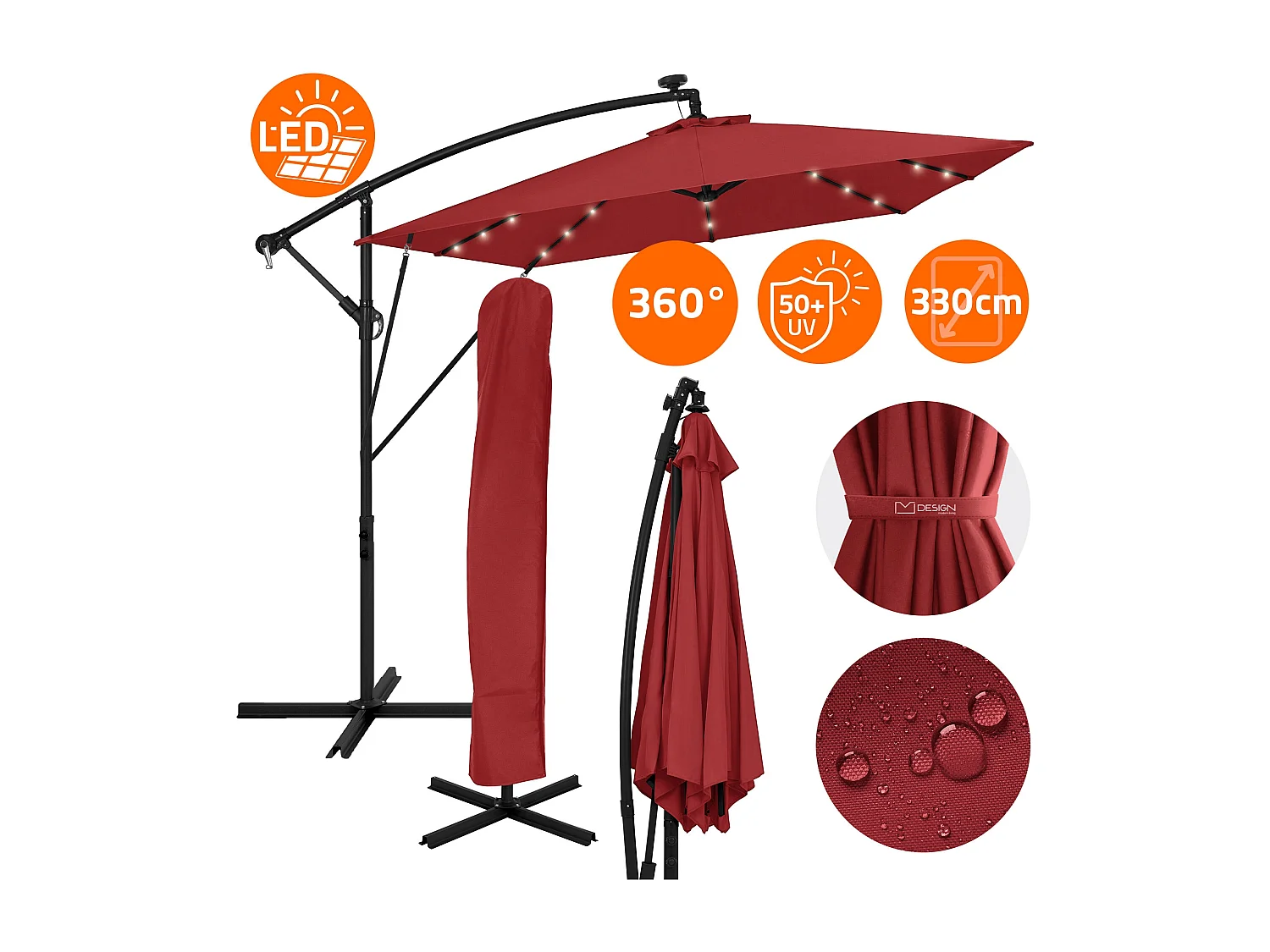 ML-Design Sombrilla de jardín con LED solar Ø330cm de aluminio rojo parasol volafiza de terraza con soporte, giratoria 360° e inclinable
