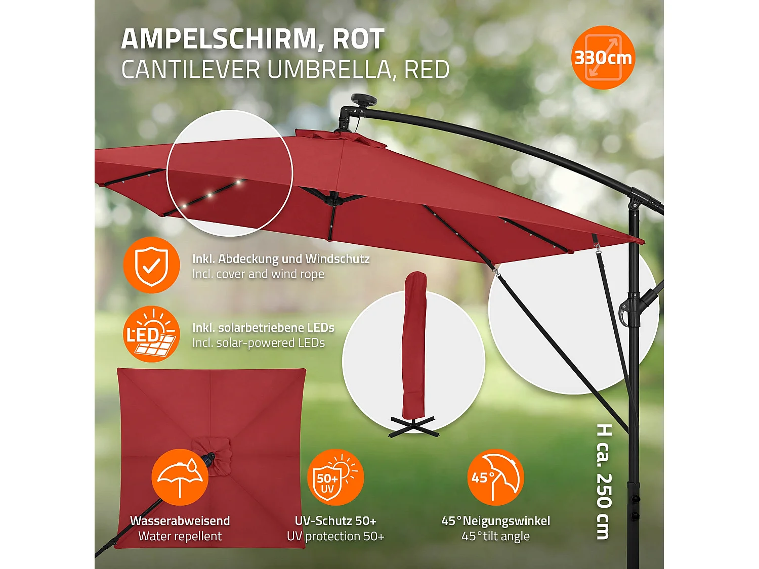 ML-Design Sombrilla de jardín con LED solar Ø330cm de aluminio rojo parasol volafiza de terraza con soporte, giratoria 360° e inclinable