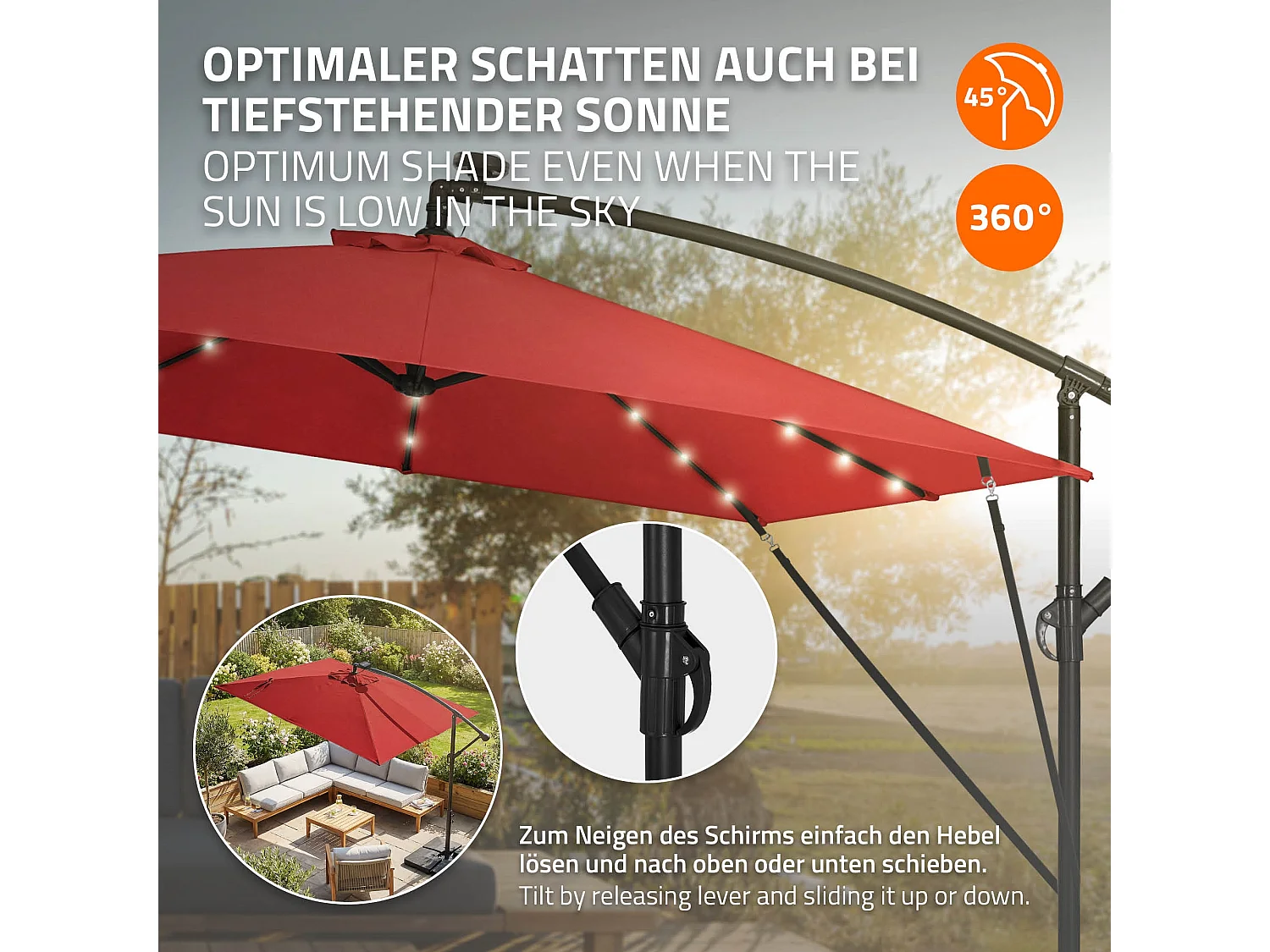 ML-Design Sombrilla de jardín con LED solar Ø330cm de aluminio rojo parasol volafiza de terraza con soporte, giratoria 360° e inclinable