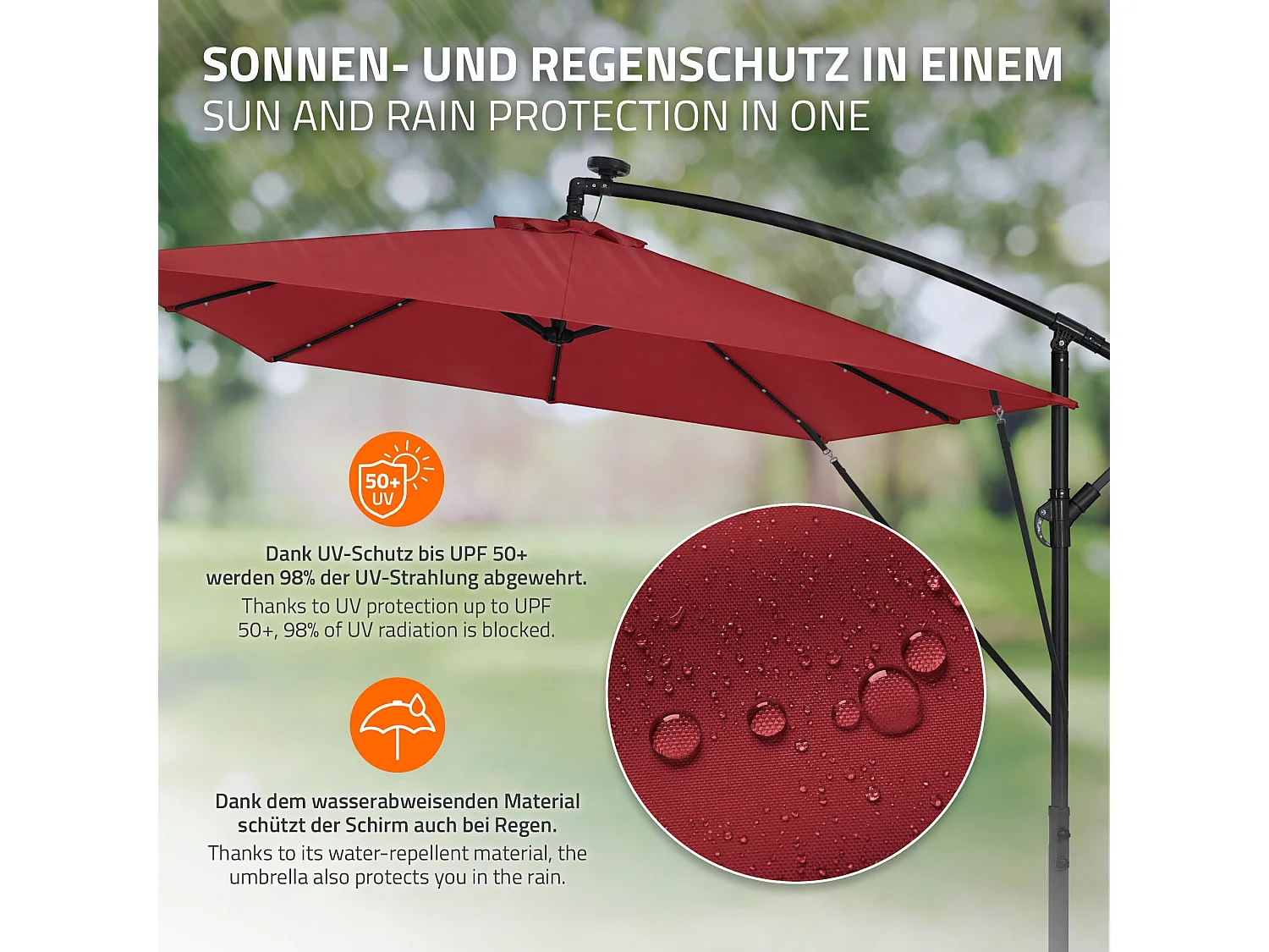 ML-Design Sombrilla de jardín con LED solar Ø330cm de aluminio rojo parasol volafiza de terraza con soporte, giratoria 360° e inclinable