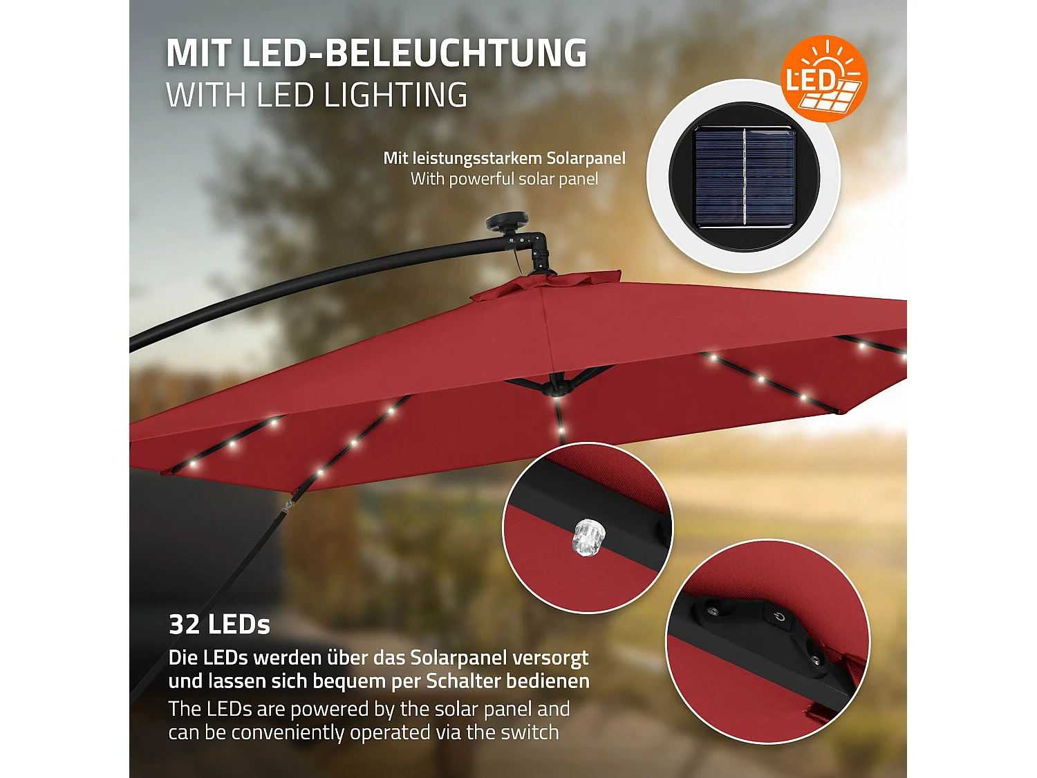 ML-Design Sombrilla de jardín con LED solar Ø330cm de aluminio rojo parasol volafiza de terraza con soporte, giratoria 360° e inclinable