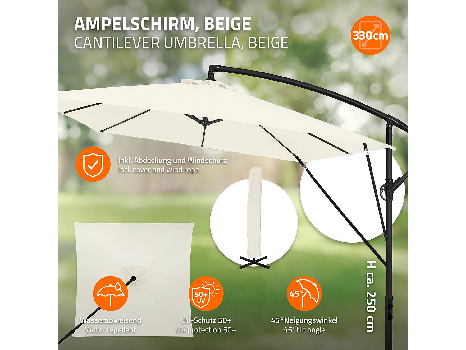 Parasol déporté Ø 330 cm beige en aluminium avec manivelle protection UV50+ tissu imperméable modèle inclinable et pivotant 360° jardin terrasse