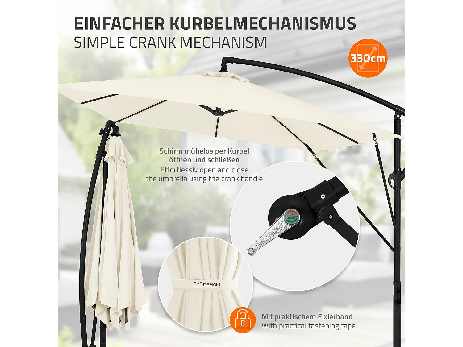 Parasol déporté Ø 330 cm beige en aluminium avec manivelle protection UV50+ tissu imperméable modèle inclinable et pivotant 360° jardin terrasse