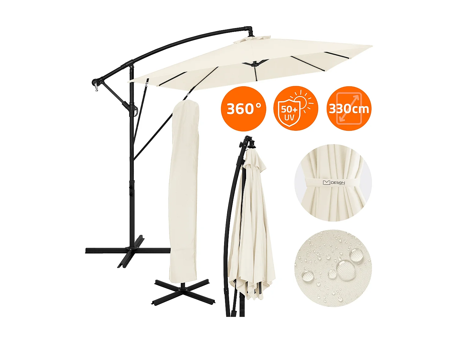 ML-Design Sombrilla de jardín Ø330cm de aluminio beige parasol volafiza de terraza con soporte, giratoria 360° e inclinable con manivela