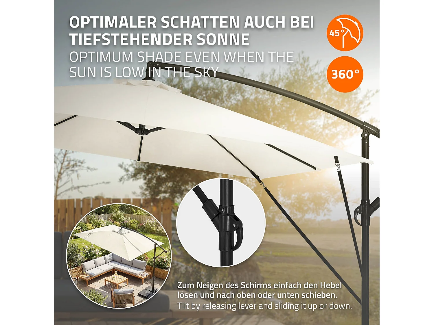 ML-Design Sombrilla de jardín Ø330cm de aluminio beige parasol volafiza de terraza con soporte, giratoria 360° e inclinable con manivela