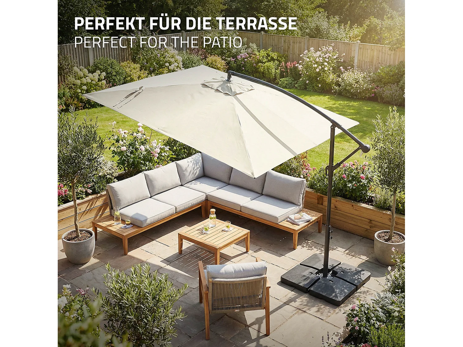 ML-Design Sombrilla de jardín Ø330cm de aluminio beige parasol volafiza de terraza con soporte, giratoria 360° e inclinable con manivela