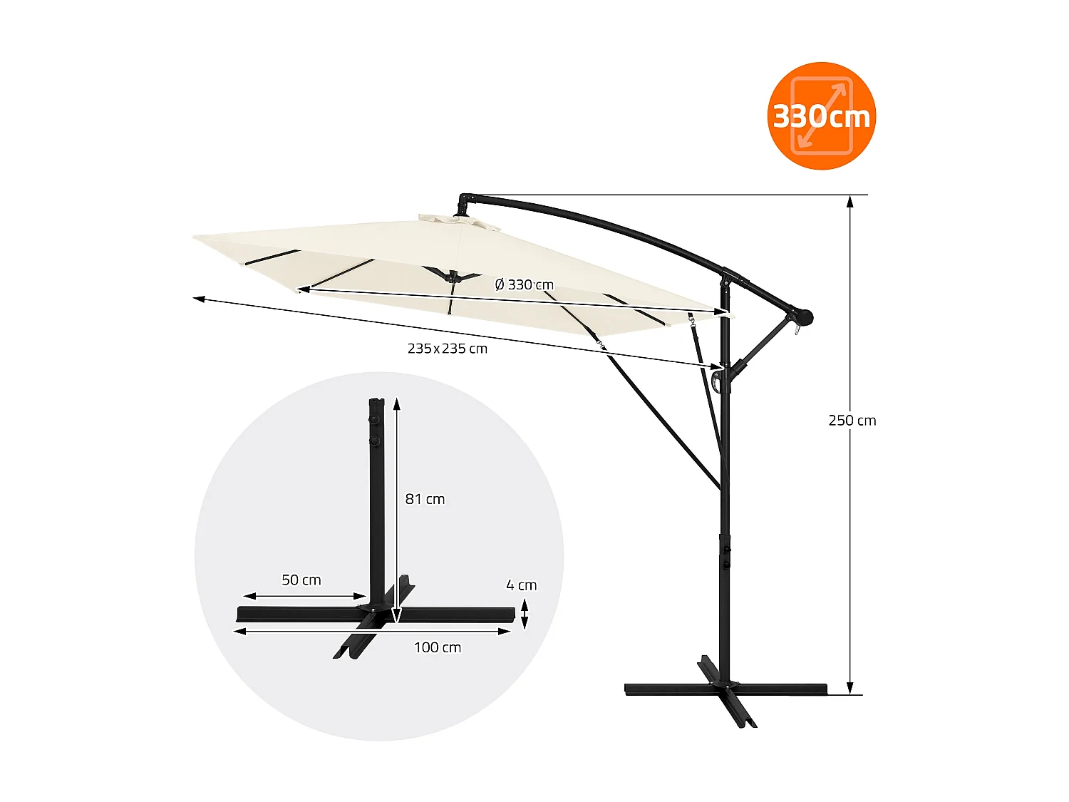 ML-Design Sombrilla de jardín Ø330cm de aluminio beige parasol volafiza de terraza con soporte, giratoria 360° e inclinable con manivela