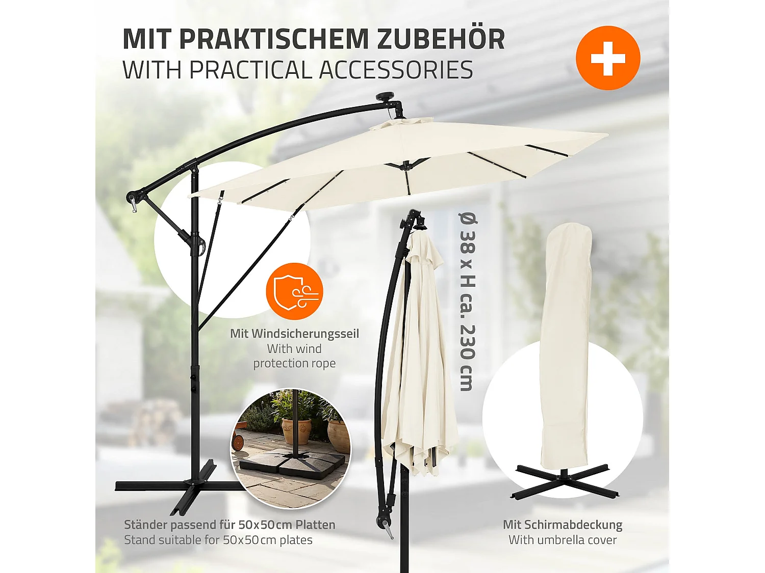 Parasol déporté avec LED solaire Ø 330 cm beige en aluminium à manivelle protection UV50+ imperméable meuble jardin inclinable et pivotant 360°