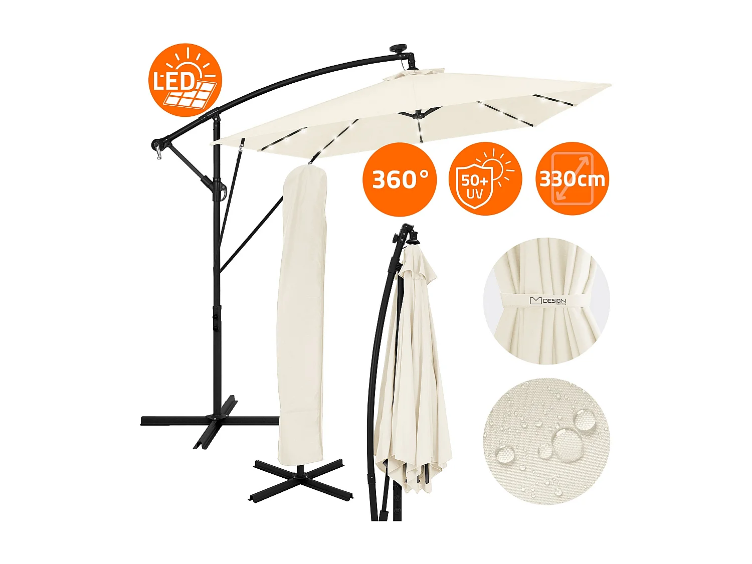 ML-Design Sombrilla de jardín con LED solar Ø330cm de aluminio beige parasol volafiza de terraza con soporte, giratoria 360° e inclinable