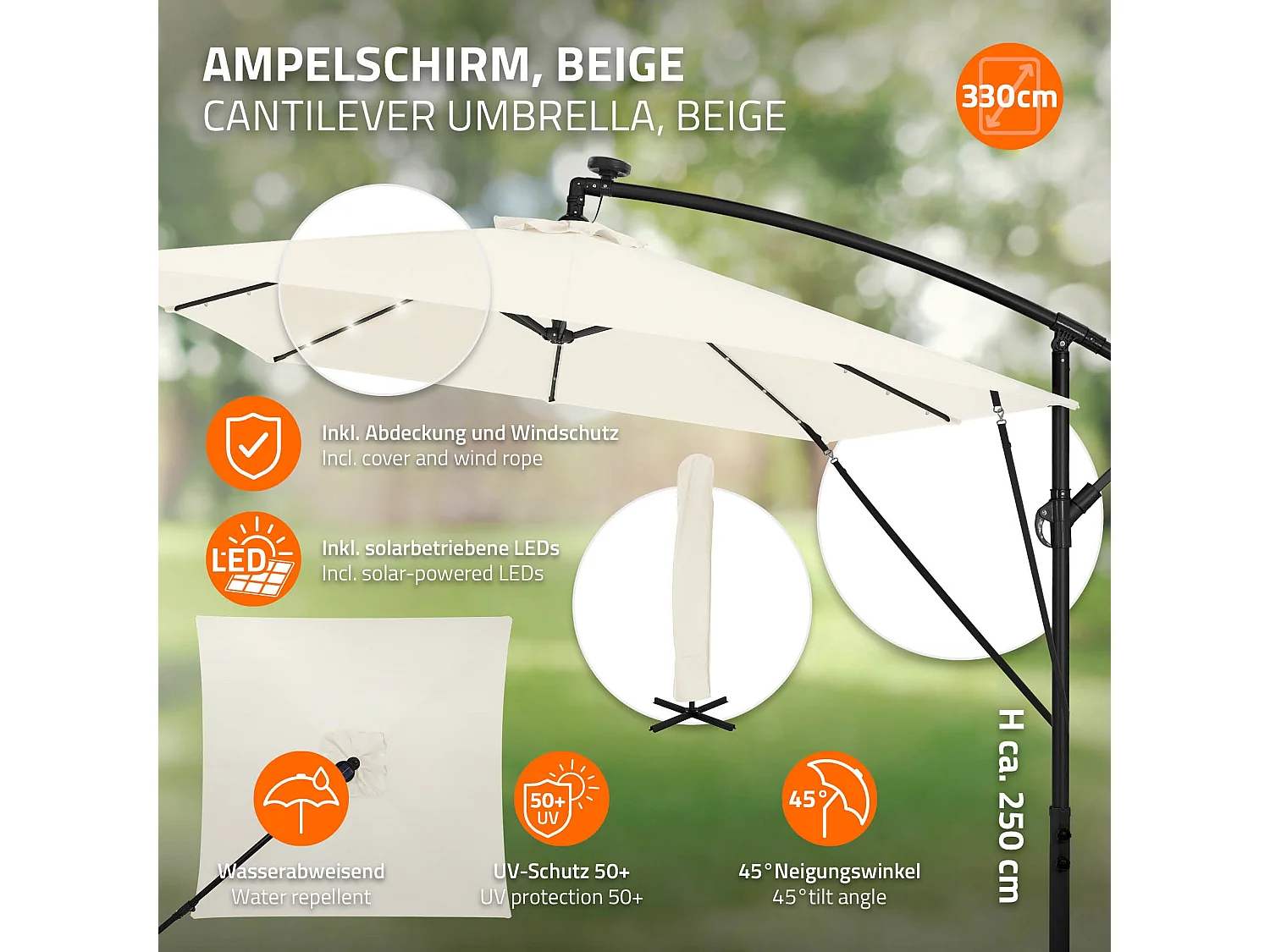 ML-Design Sombrilla de jardín con LED solar Ø330cm de aluminio beige parasol volafiza de terraza con soporte, giratoria 360° e inclinable