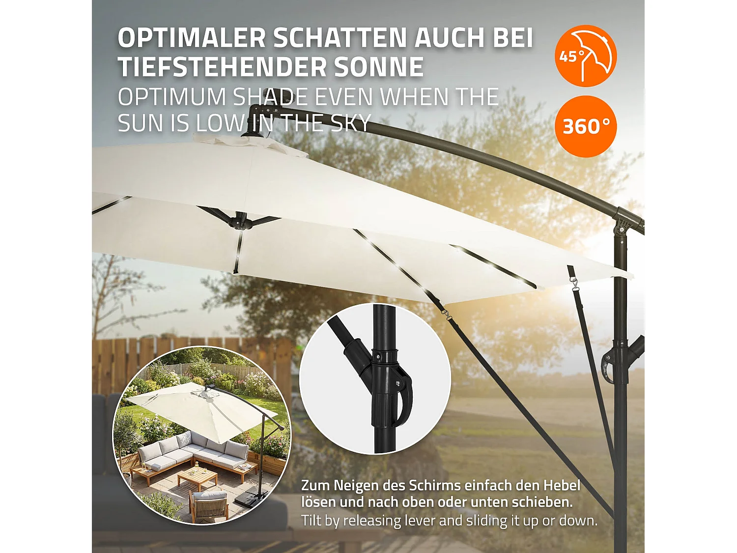 ML-Design Sombrilla de jardín con LED solar Ø330cm de aluminio beige parasol volafiza de terraza con soporte, giratoria 360° e inclinable