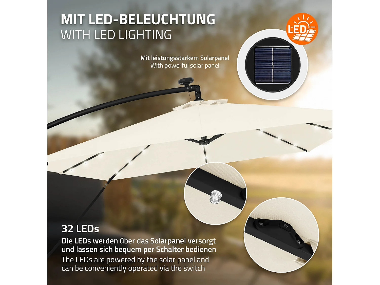 ML-Design Sombrilla de jardín con LED solar Ø330cm de aluminio beige parasol volafiza de terraza con soporte, giratoria 360° e inclinable