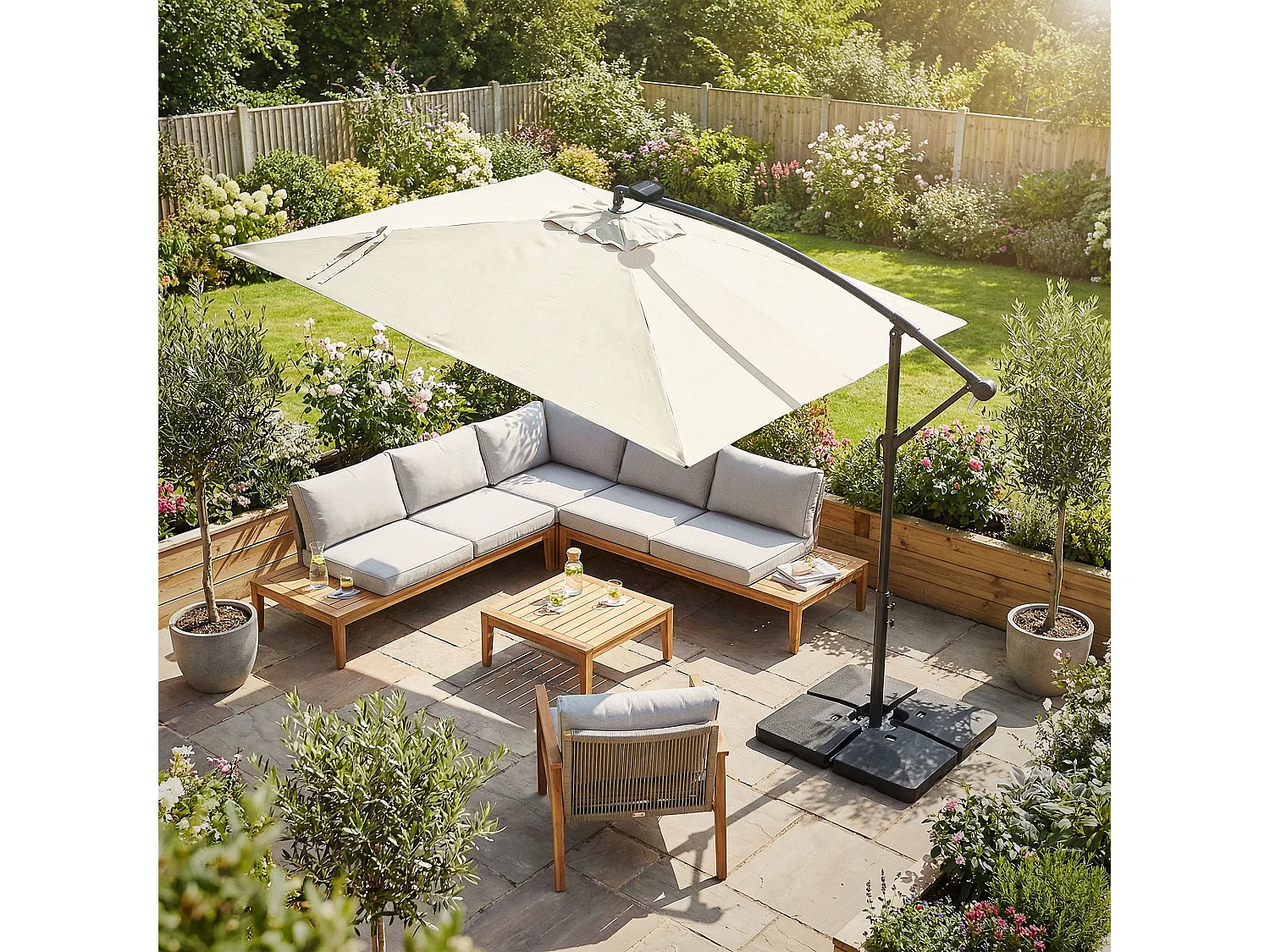 ML-Design Sombrilla de jardín con LED solar Ø330cm de aluminio beige parasol volafiza de terraza con soporte, giratoria 360° e inclinable