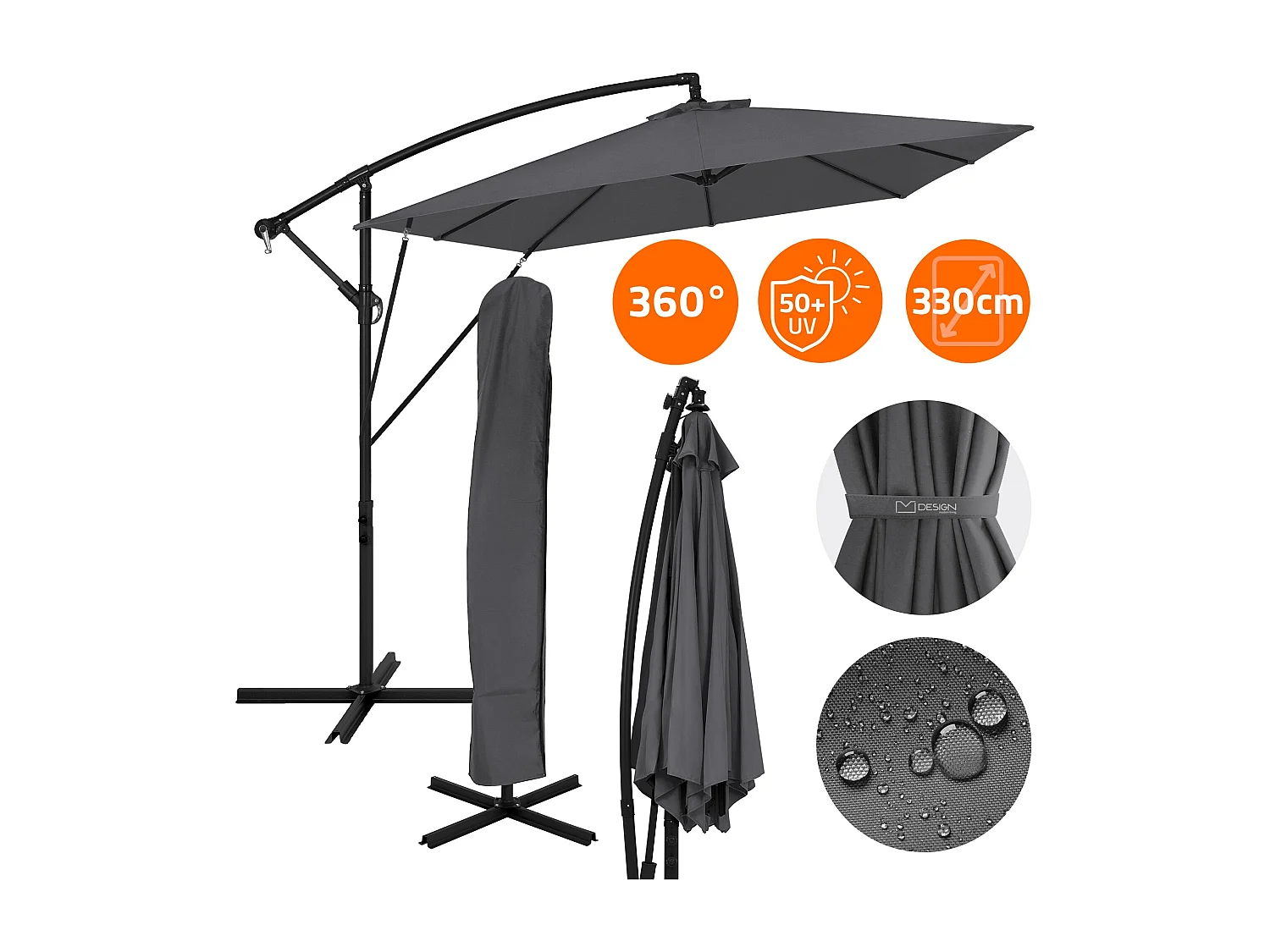 ML-Design Sombrilla de jardín Ø330cm de aluminio antracita parasol volafiza de terraza con soporte, giratoria 360° e inclinable con manivela