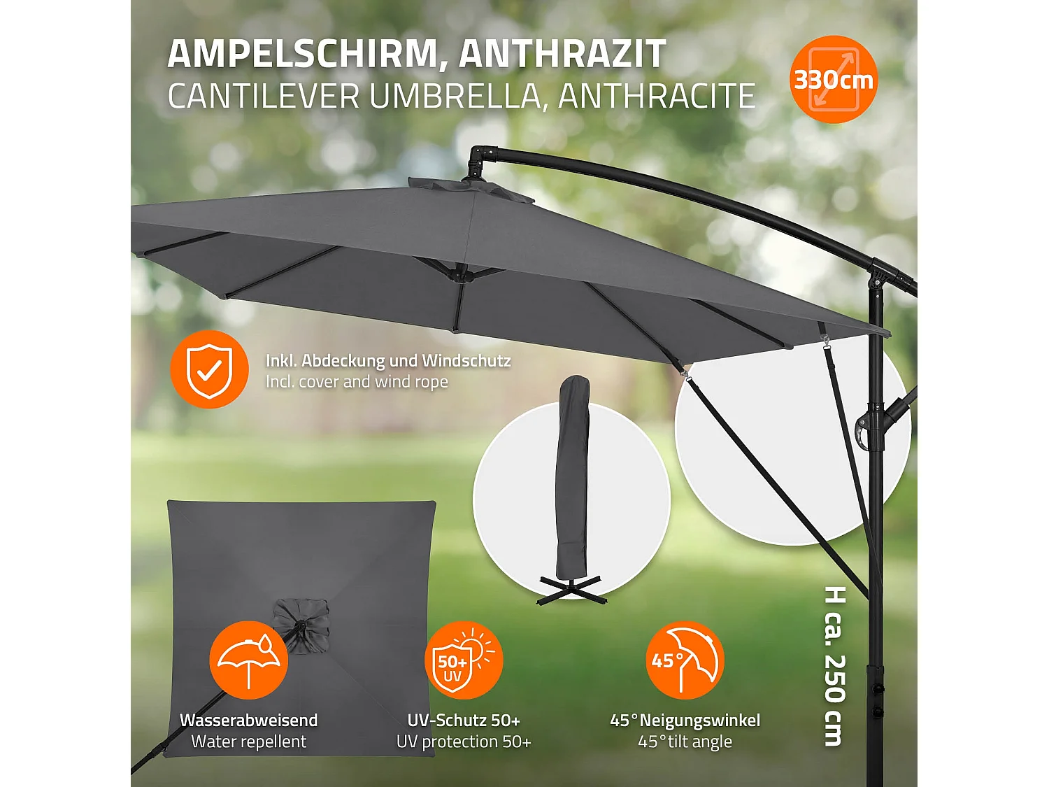 ML-Design Sombrilla de jardín Ø330cm de aluminio antracita parasol volafiza de terraza con soporte, giratoria 360° e inclinable con manivela
