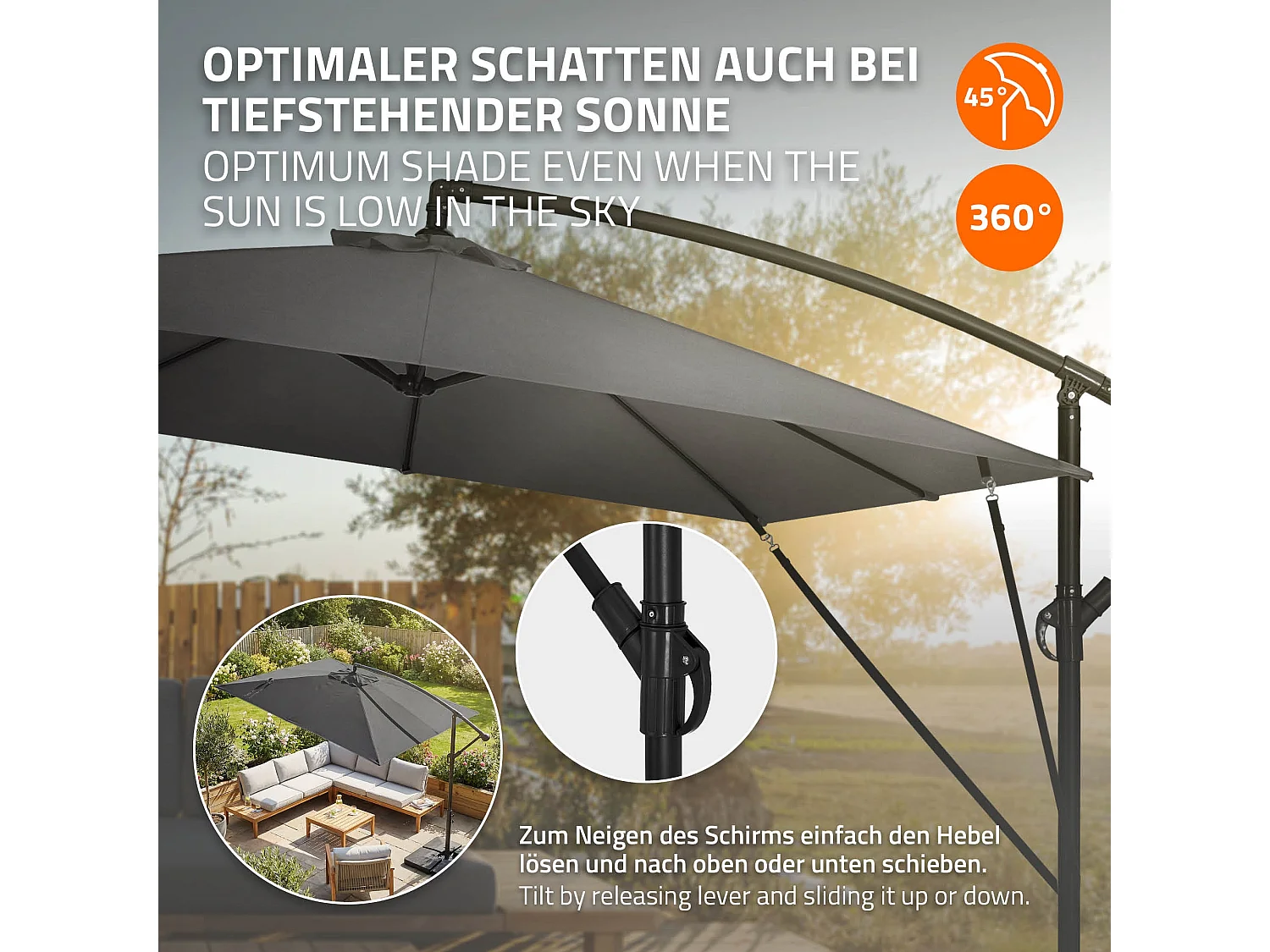 ML-Design Sombrilla de jardín Ø330cm de aluminio antracita parasol volafiza de terraza con soporte, giratoria 360° e inclinable con manivela
