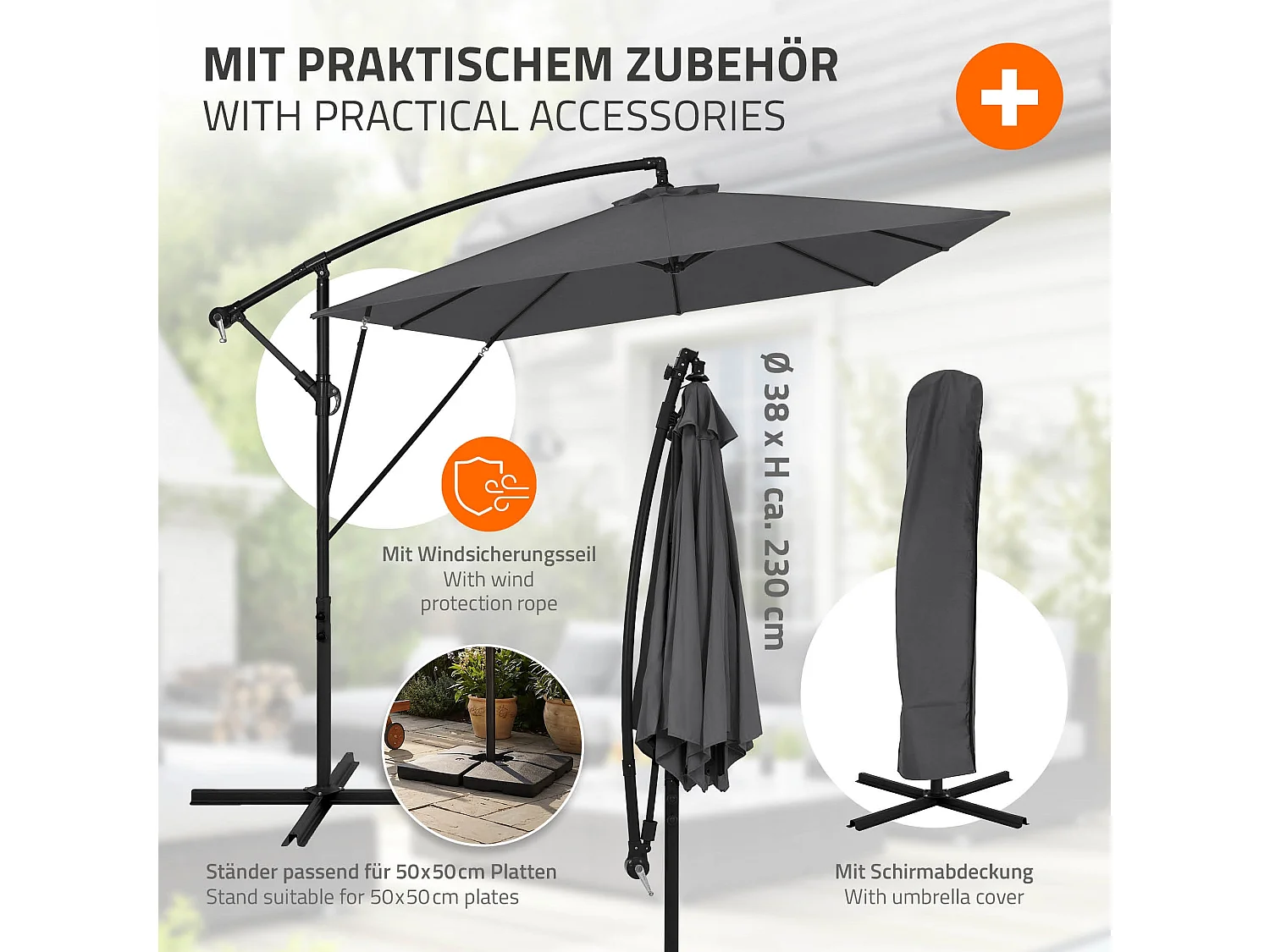 ML-Design Sombrilla de jardín Ø330cm de aluminio antracita parasol volafiza de terraza con soporte, giratoria 360° e inclinable con manivela