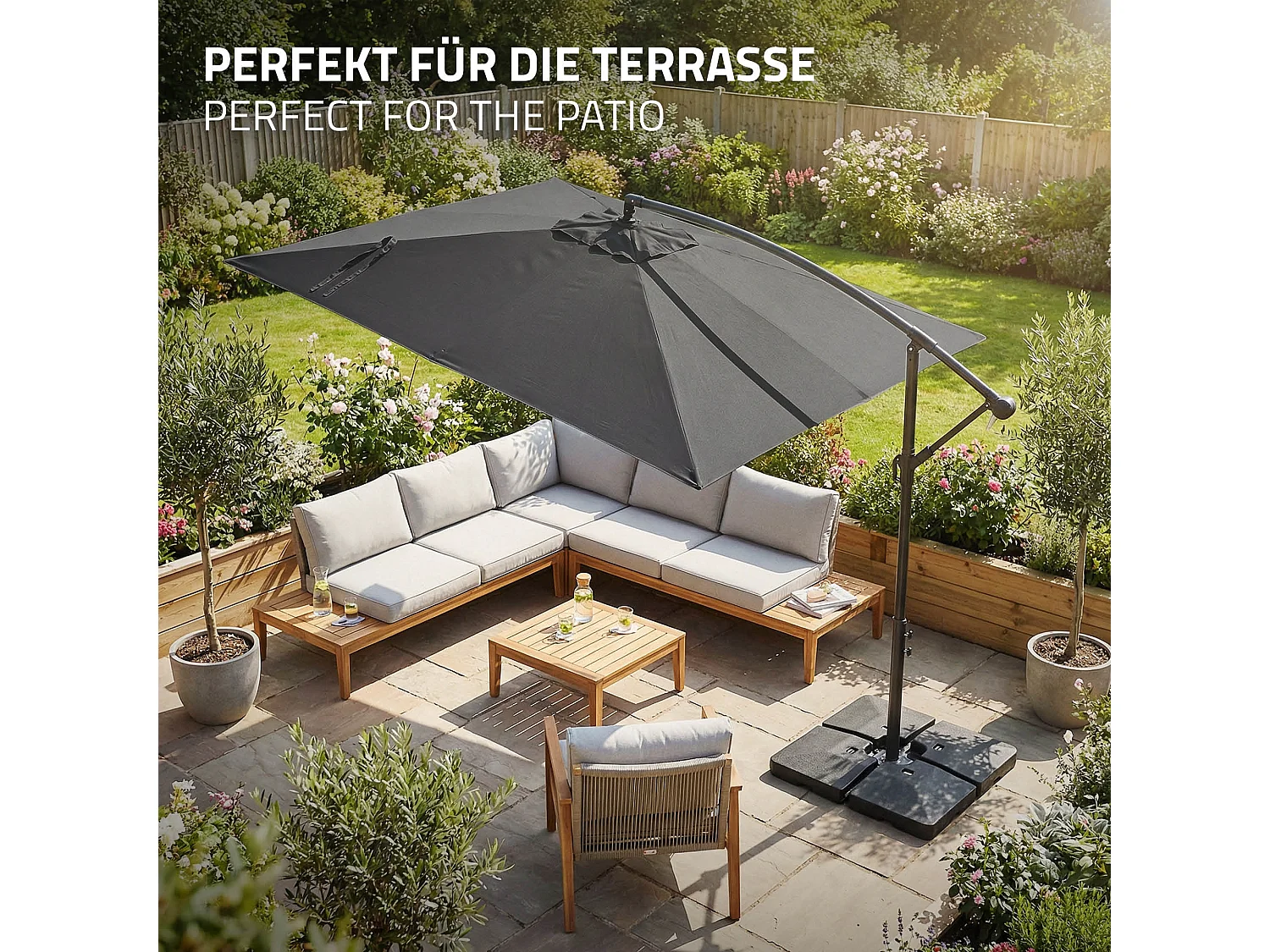 ML-Design Sombrilla de jardín Ø330cm de aluminio antracita parasol volafiza de terraza con soporte, giratoria 360° e inclinable con manivela
