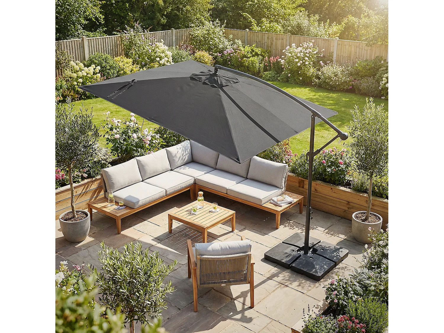 ML-Design Sombrilla de jardín Ø330cm de aluminio antracita parasol volafiza de terraza con soporte, giratoria 360° e inclinable con manivela