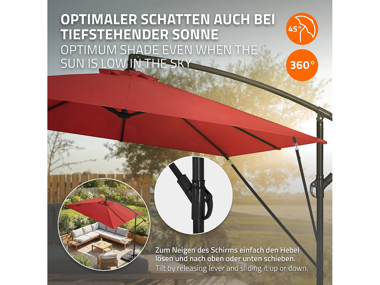 Parasol déporté Ø 330 cm rouge en aluminium avec manivelle protection UV50+ tissu imperméable modèle inclinable et pivotant 360° jardin terrasse