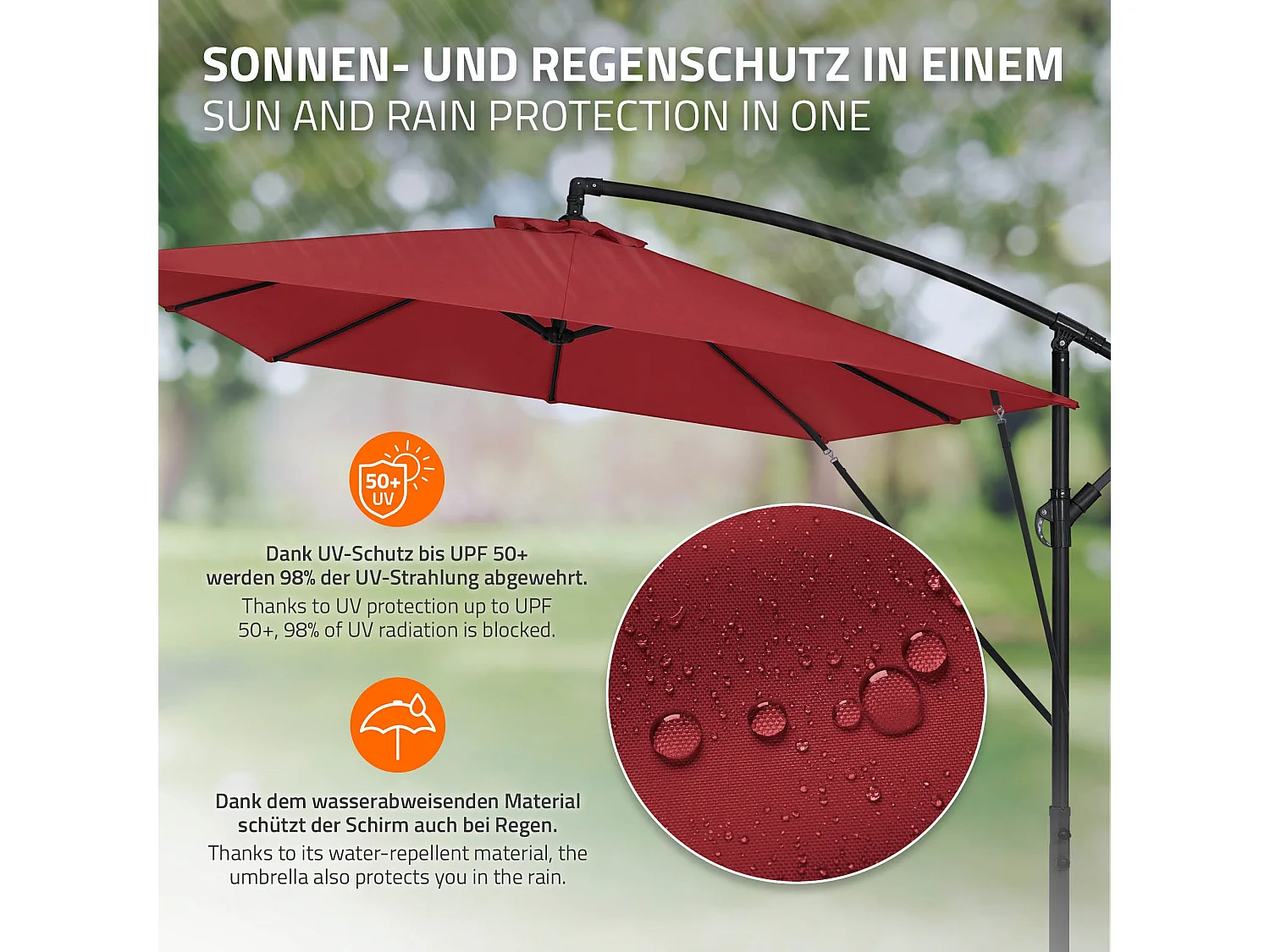 Parasol déporté Ø 330 cm rouge en aluminium avec manivelle protection UV50+ tissu imperméable modèle inclinable et pivotant 360° jardin terrasse
