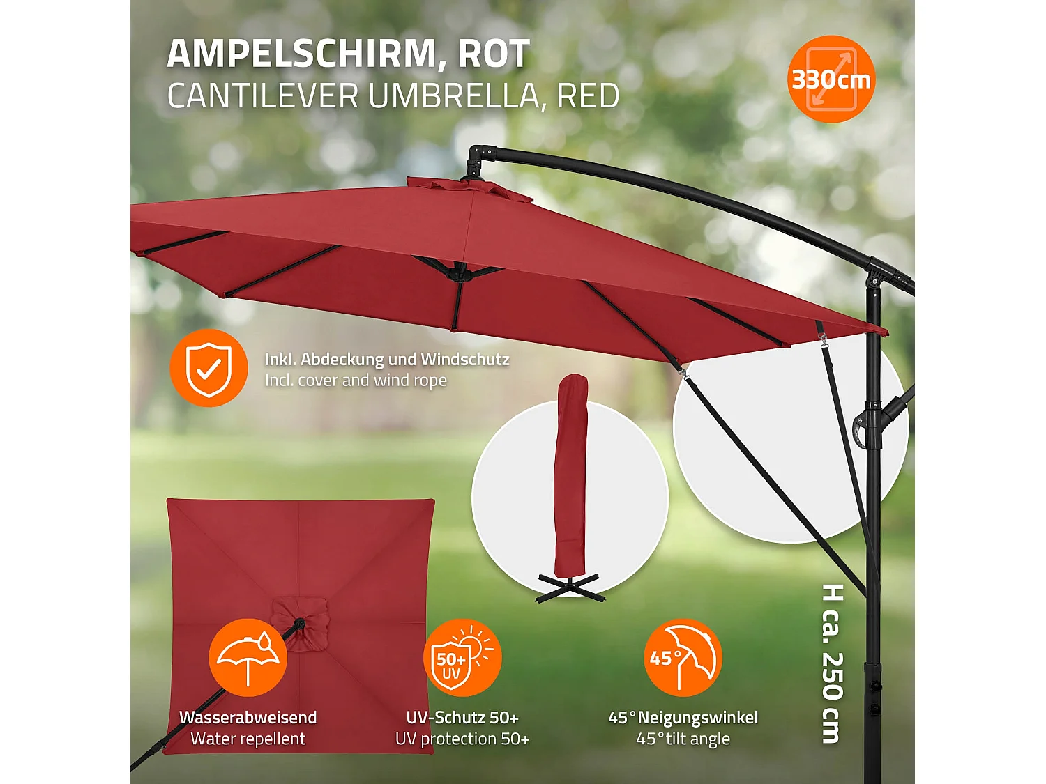 ML-Design Sombrilla de jardín Ø330cm de aluminio antracita parasol volafiza de terraza con soporte, giratoria 360° e inclinable con manivela