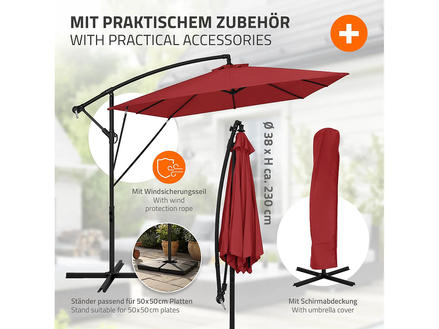 ML-Design Sombrilla de jardín Ø330cm de aluminio antracita parasol volafiza de terraza con soporte, giratoria 360° e inclinable con manivela