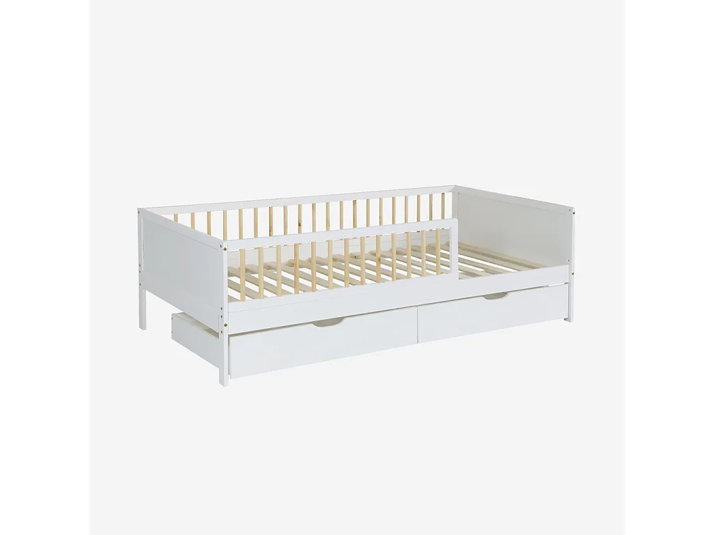 Letto nido per bambini 190cm in pino naturale con rete a doghe e cassetti,  Bianco - 195x95.5x60 cm