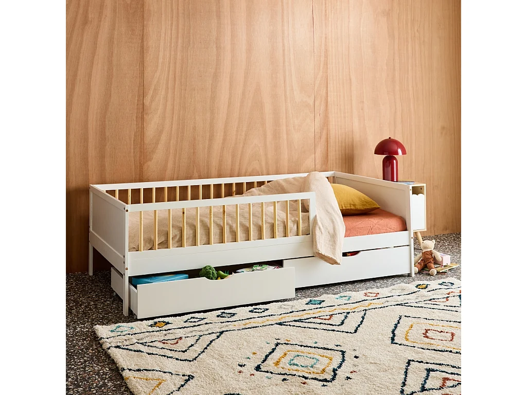 Letto nido per bambini 190cm in pino naturale con rete a doghe e cassetti,  Bianco - 195x95.5x60 cm