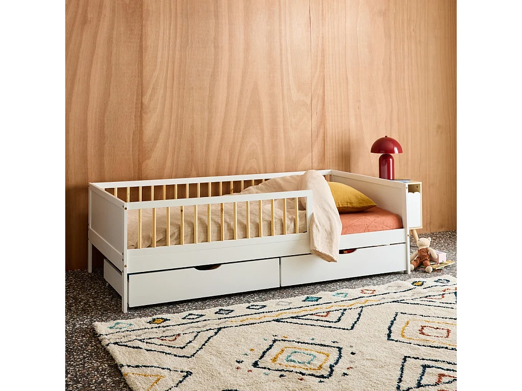 Letto nido per bambini 190cm in pino naturale con rete a doghe e cassetti,  Bianco - 195x95.5x60 cm