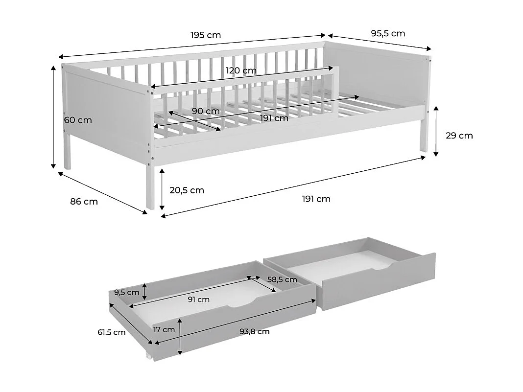 Letto nido per bambini 190cm in pino naturale con rete a doghe e cassetti,  Bianco - 195x95.5x60 cm