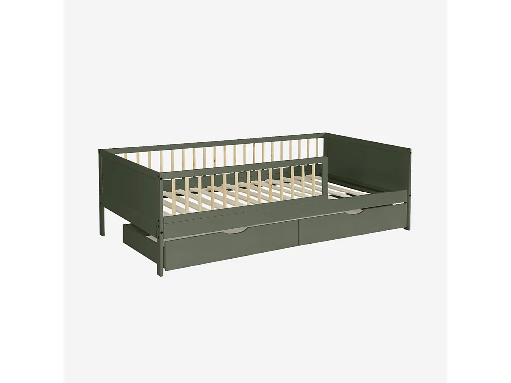 Cama nido infantil 190cm pino natural con somier de láminas y cajones,