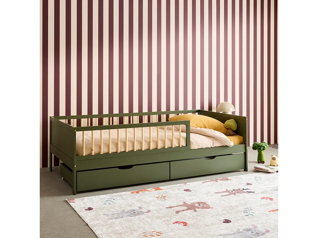 Cama nido infantil 190cm pino natural con somier de láminas y cajones,