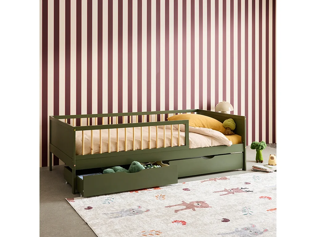 Cama nido infantil 190cm pino natural con somier de láminas y cajones,