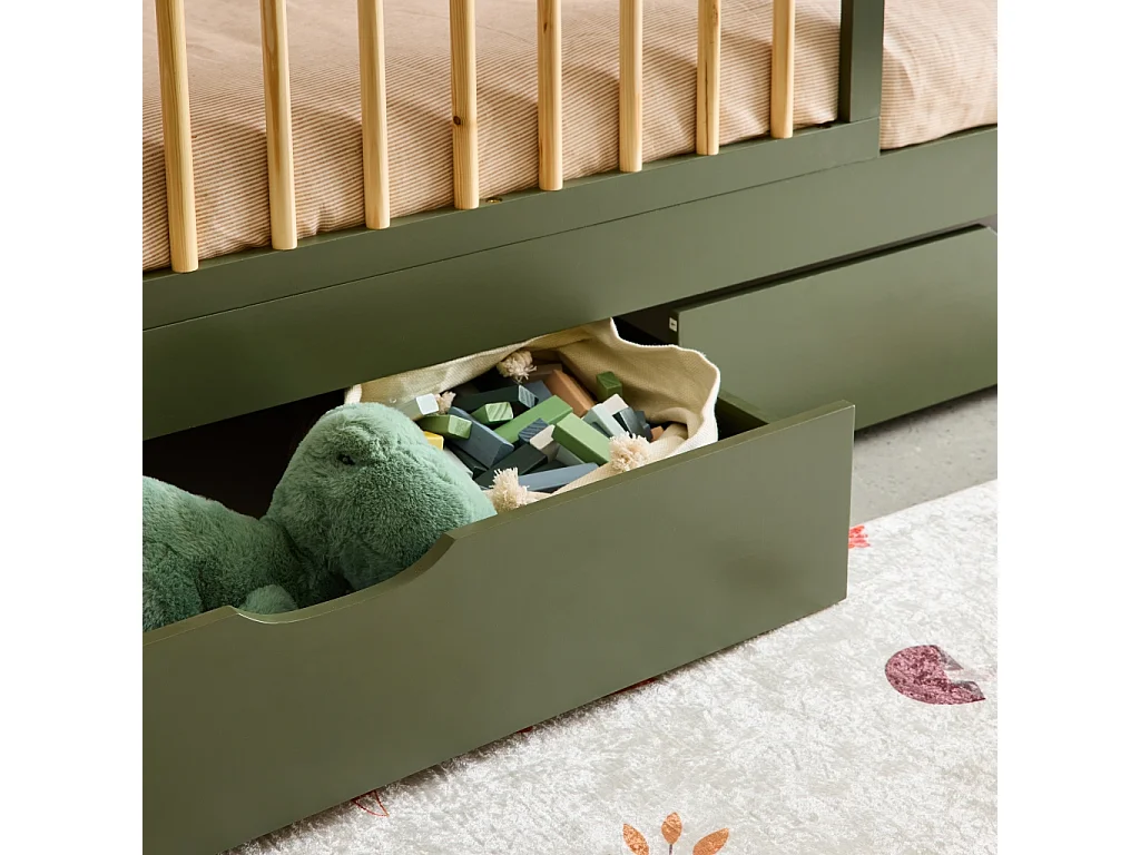 Cama nido infantil 190cm pino natural con somier de láminas y cajones,